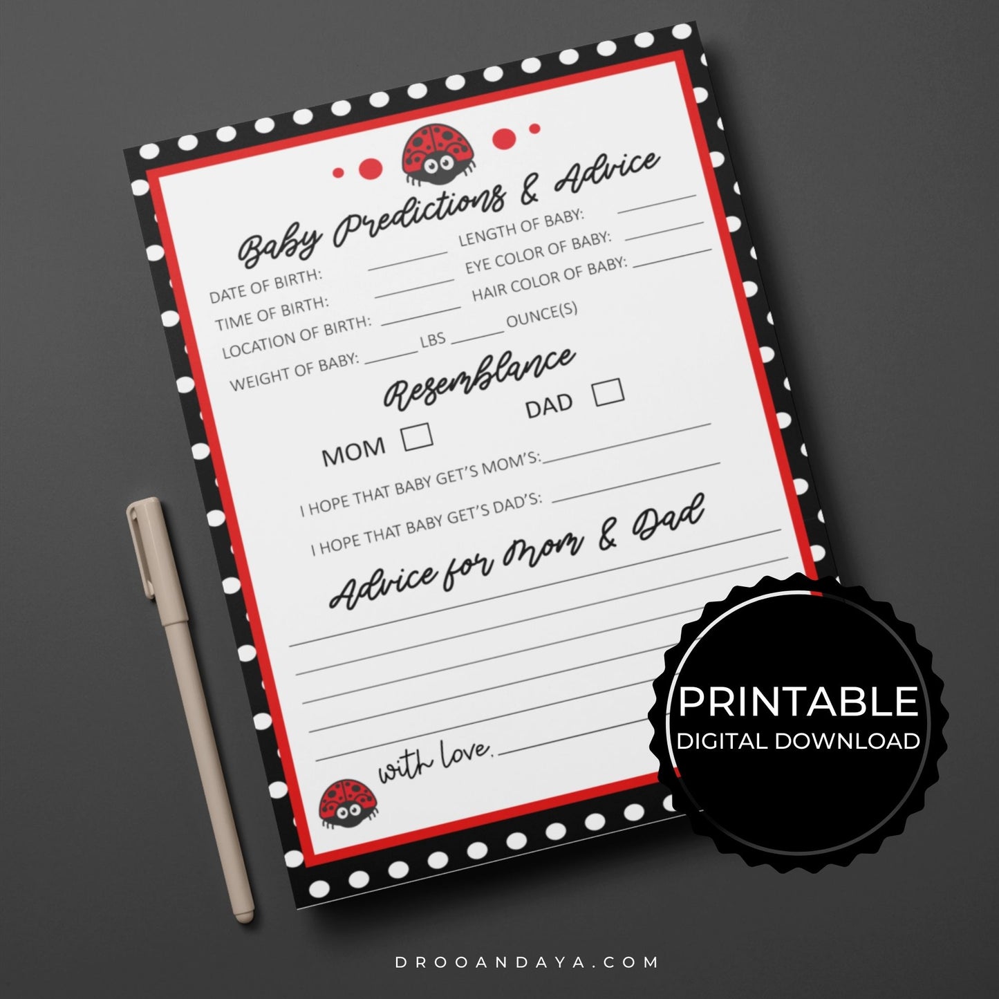 Baby Predictions and Advice Printable - Ladybug - Droo & Aya