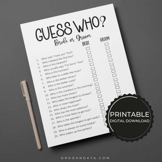 Printable Guess Who Bride or Groom Wedding Game - Droo & Aya