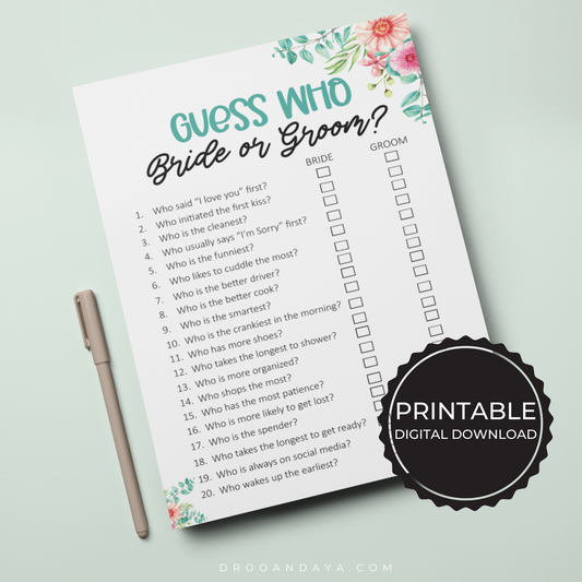 Guess Who Bride or Groom Wedding Printable Game - Droo & Aya