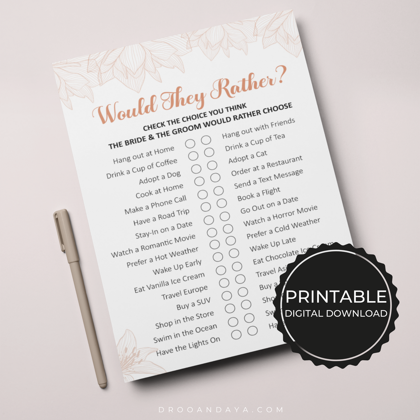 Bride or Groom Would You Rather Printable Fun Wedding Ice Breaker Game Cards - Droo & Aya