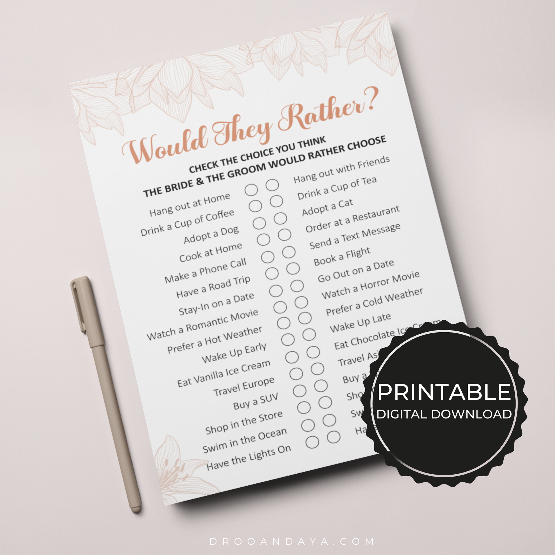 Bride or Groom Would You Rather Printable Fun Wedding Ice Breaker Game Cards - Droo & Aya