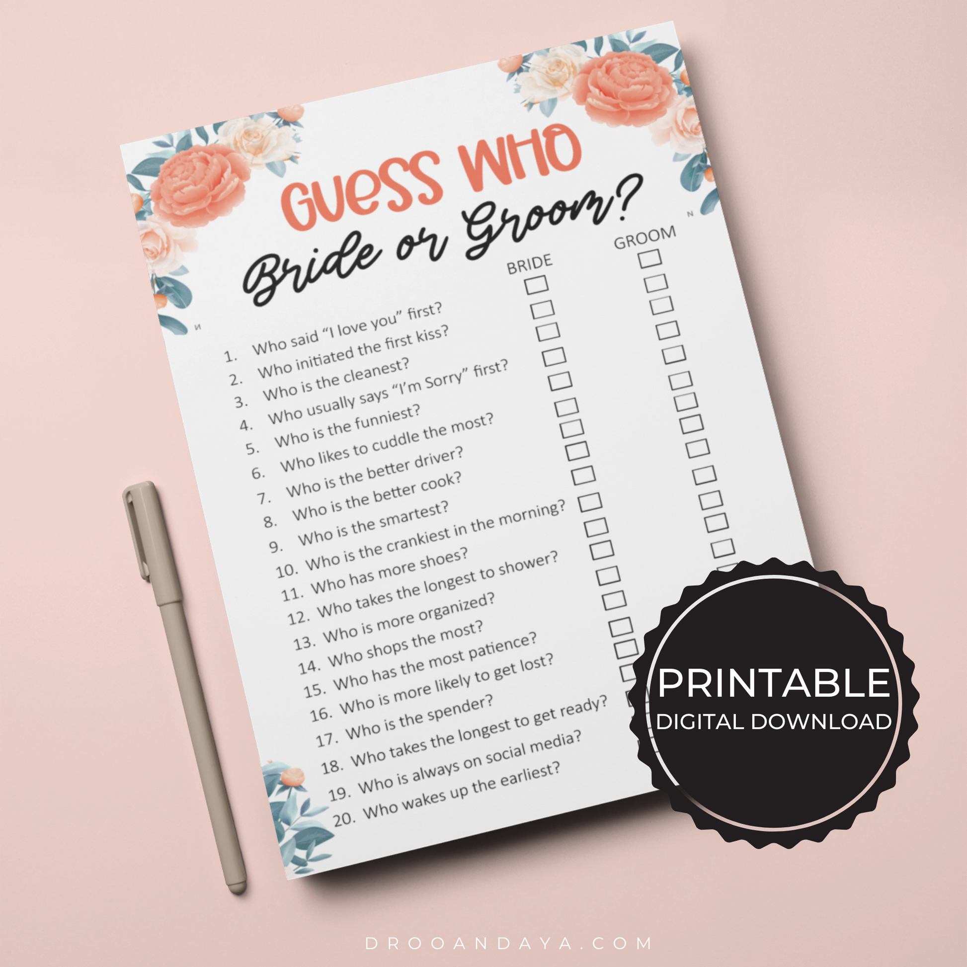 Guess Who Bride or Groom Wedding Printable Game - Droo & Aya