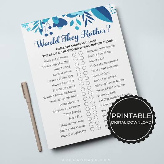 Would They Rather Wedding Game Printable - Blue Floral - Droo & Aya