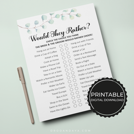 Wedding Games Printable - Would They Rather