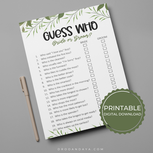 Guess Who Bride or Groom Wedding Printable Game - Droo & Aya
