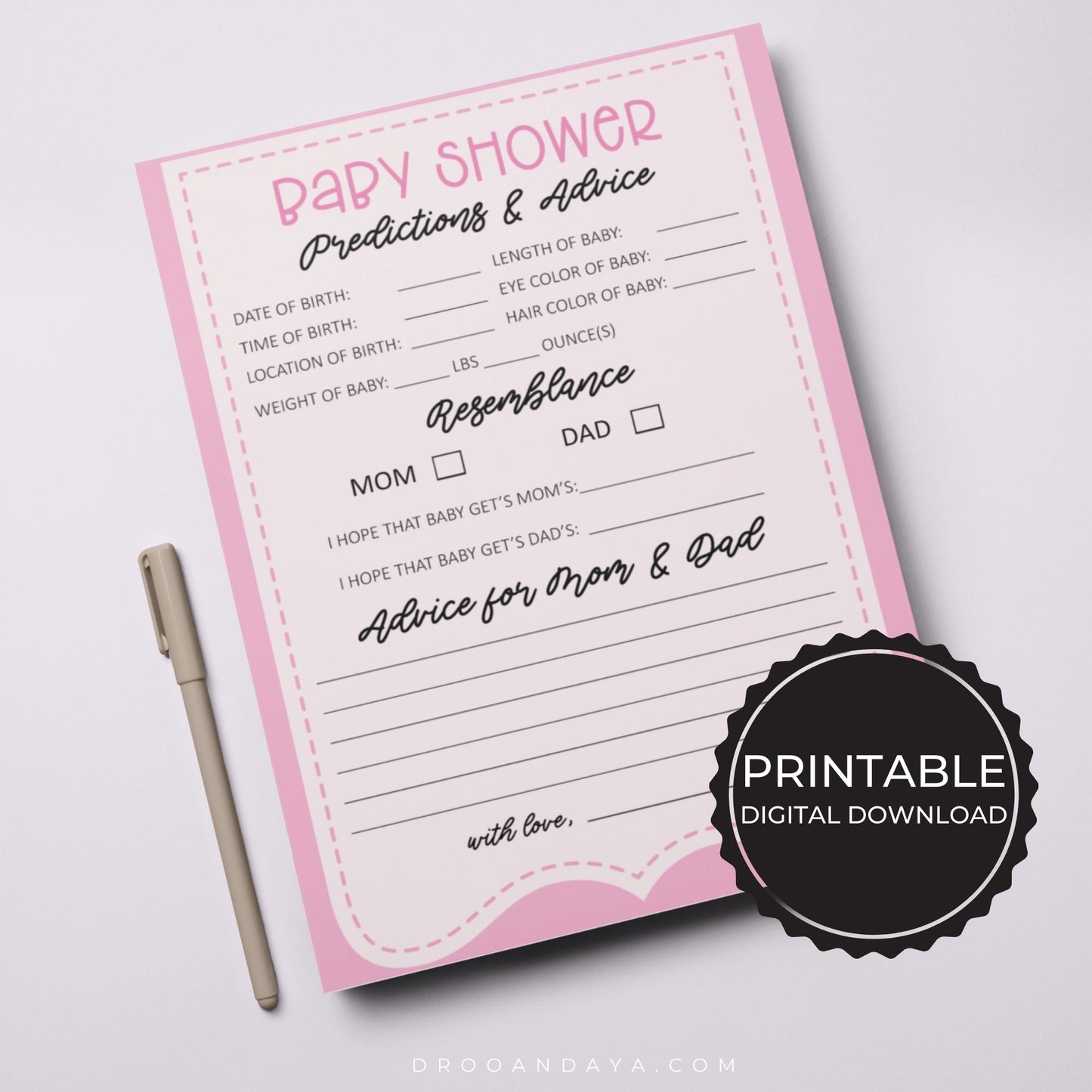 Baby Predictions and Advice Printable Cards - Droo & Aya