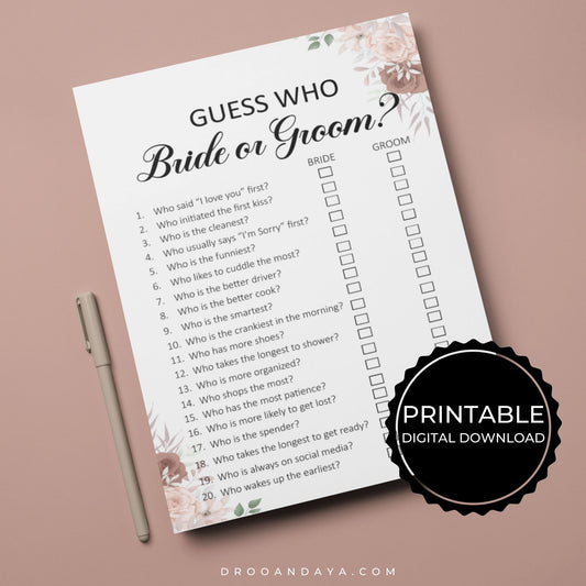 Guess Who Bride or Groom Wedding Printable Game - Droo & Aya