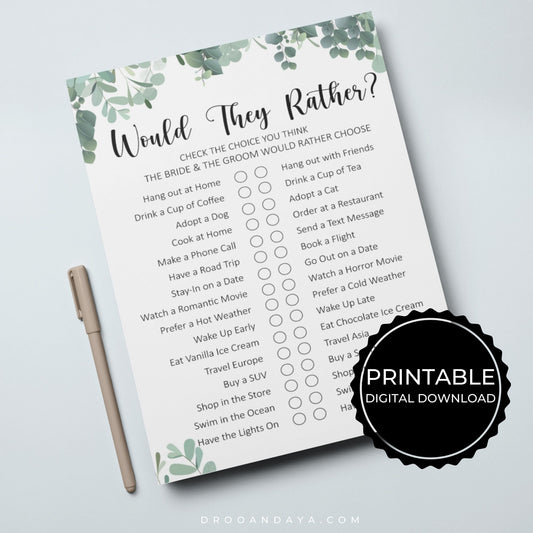Would They Rather Wedding Game Printable - Eucalyptus - Droo & Aya
