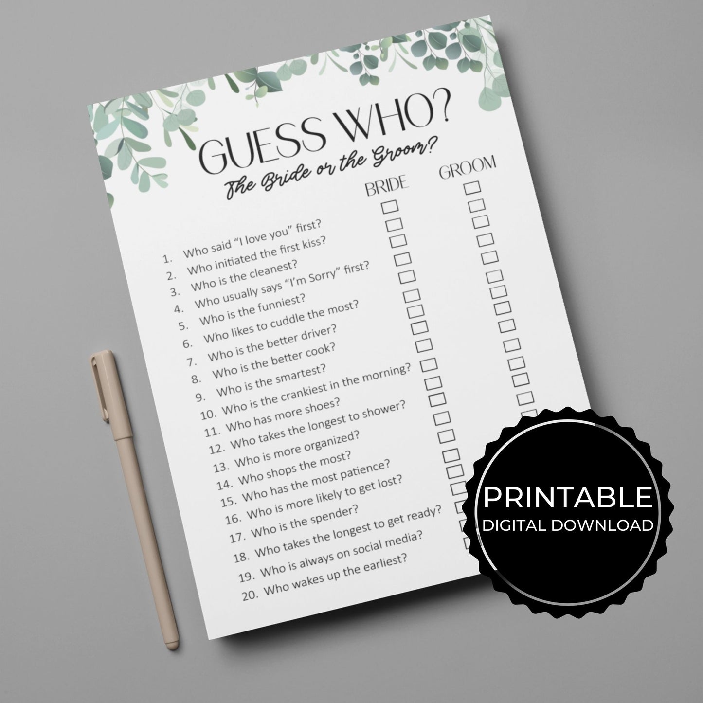 Guess Who Bride or Groom Wedding Printable Game,