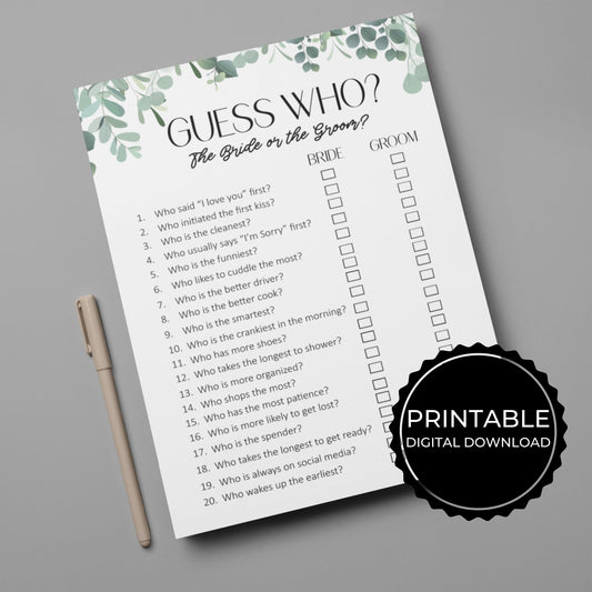 Guess Who Bride or Groom Wedding Printable Game,