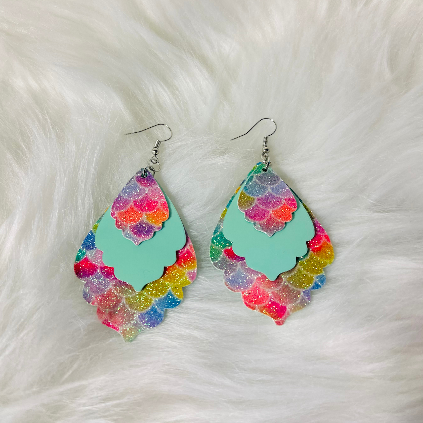 Rainbow Mermaid Printed Faux Leather Keychain with Matching Earrings