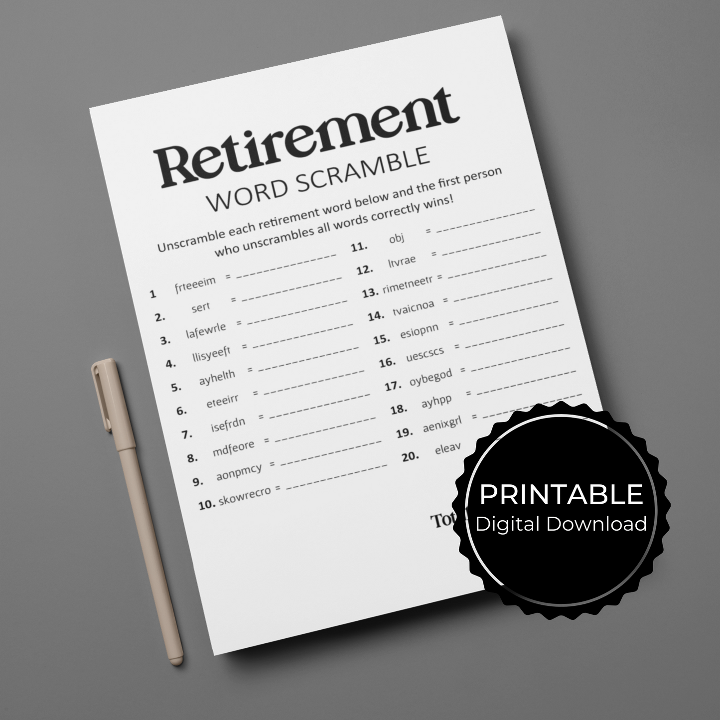 Printable Retirement Word Scramble Game - Droo & Aya