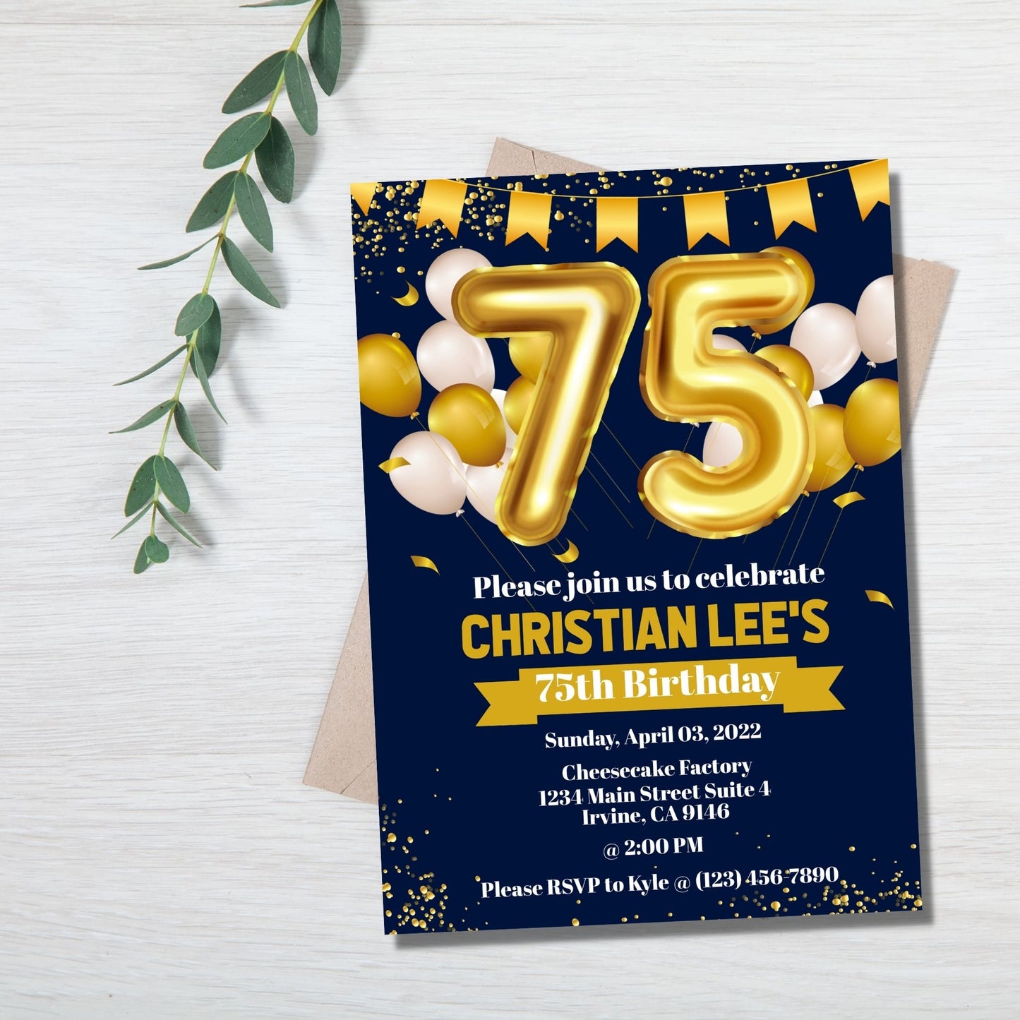 75th Birthday Milestone Birthday Invitation Editable Template - Navy Blue and Gold - Droo & Aya