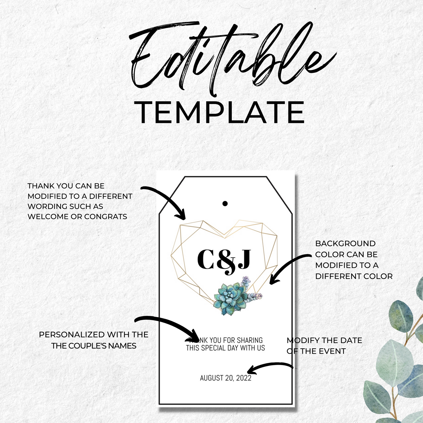 Succulent Wedding Favor Tag Template