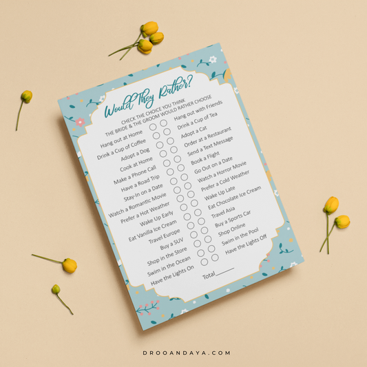 Would They Rather Printable Fun Wedding Game - Floral - Droo & Aya