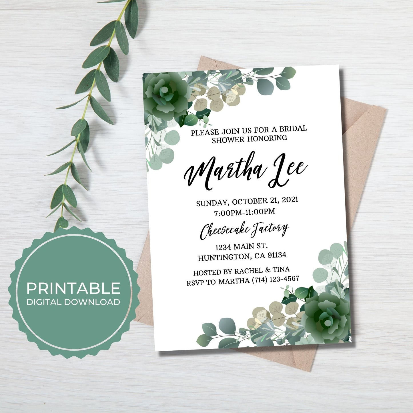 Bridal Shower Invitation Template - Greenery