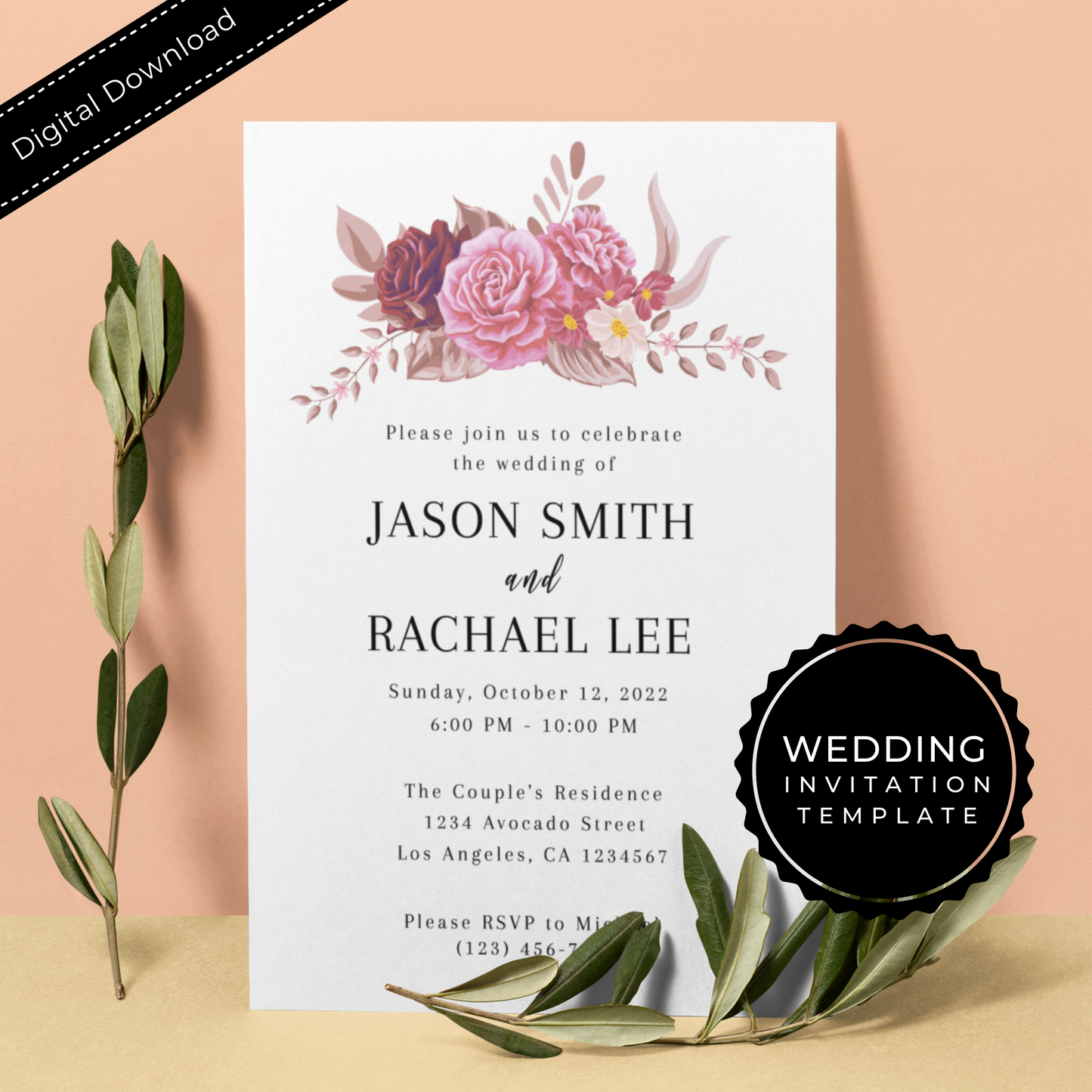 Wedding Invitation Template - Printable - Floral
