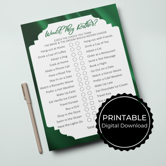 Would They Rather Wedding Printable Game