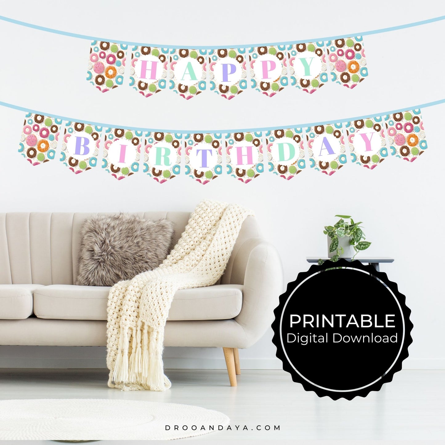 Happy Birthday Banner Printable PDF - Donut Theme - Droo & Aya