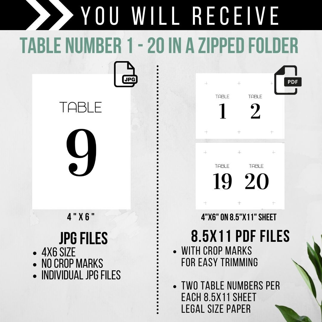 Wedding Table Numbers Printable - Droo & Aya