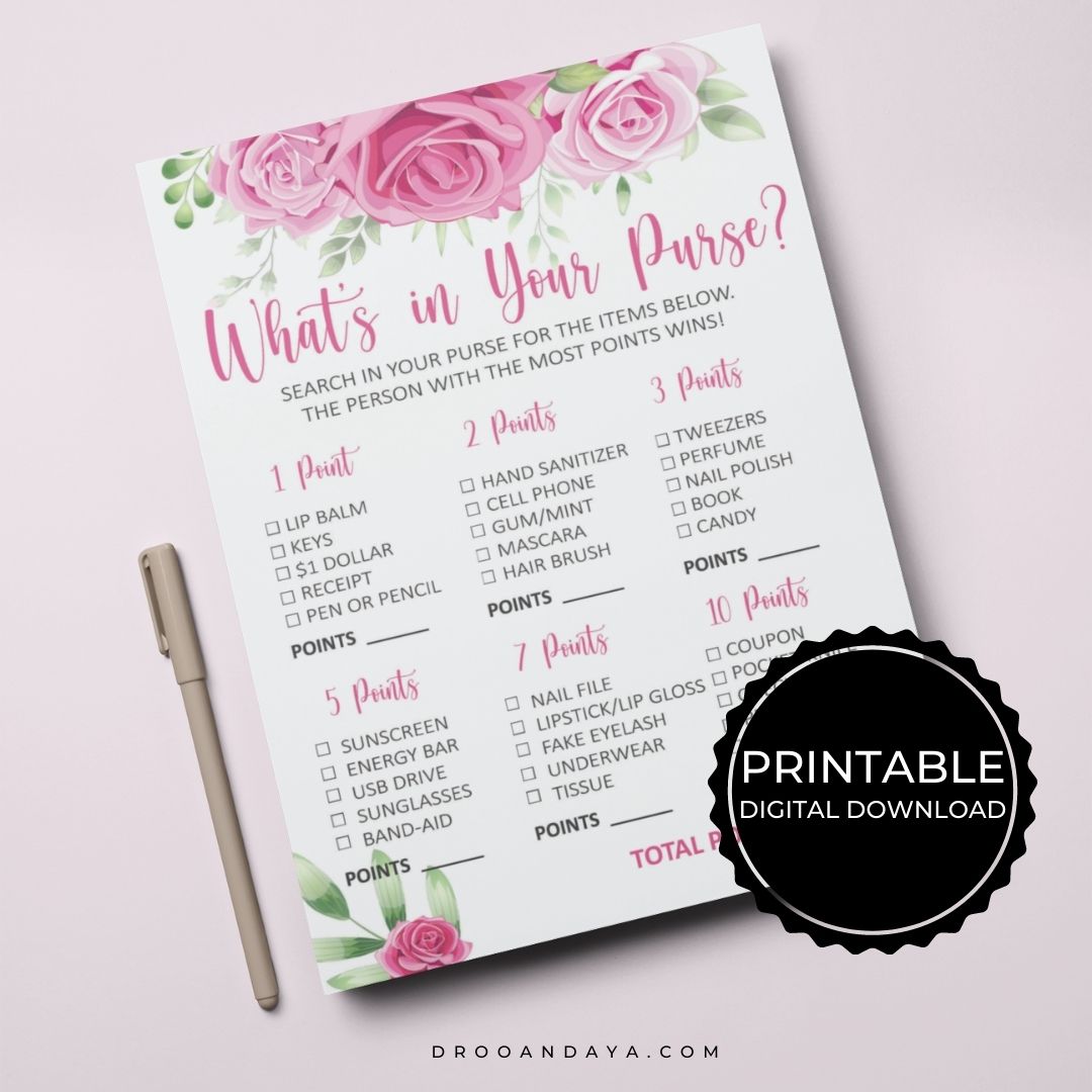 What's In Your Purse Bridal Shower Game Printable - Pink Floral Theme –  Droo & Aya