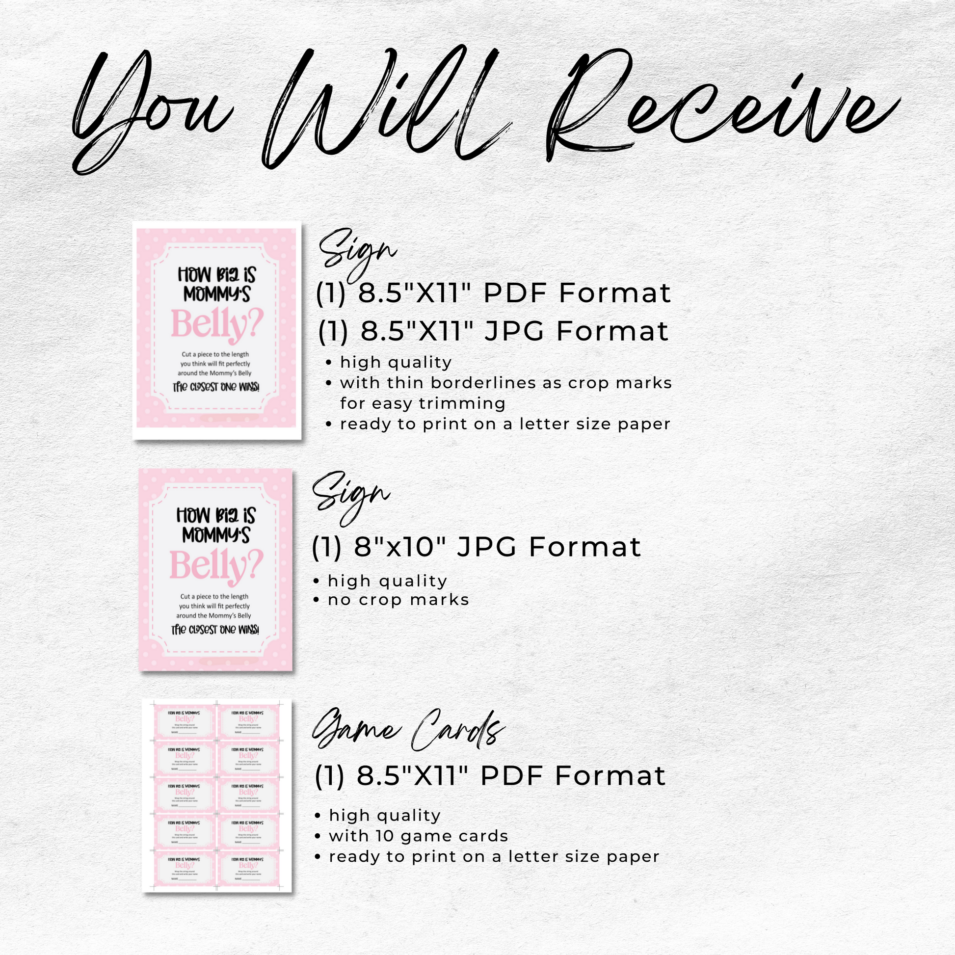 Pink How Big is Mommys Belly Game Sign and Cards for Baby Shower