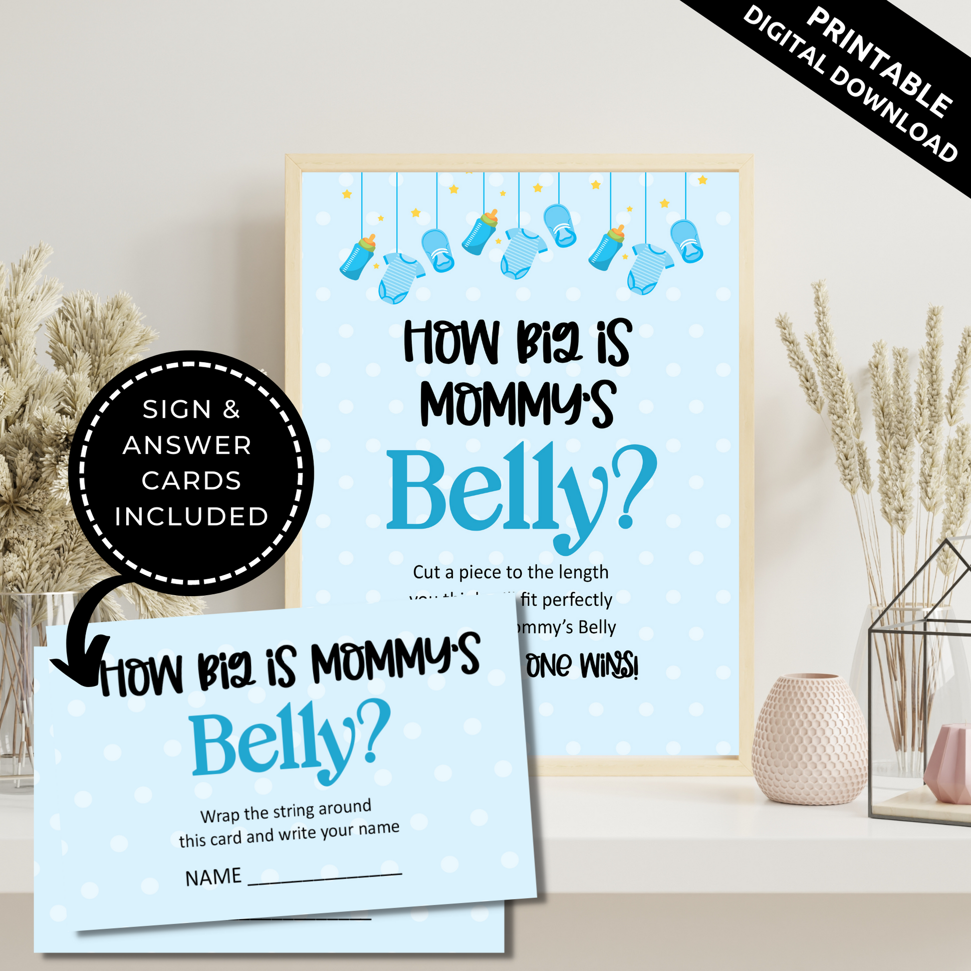 How Big is Mommy's Belly Baby Shower Printable Sign and Cards - Blue