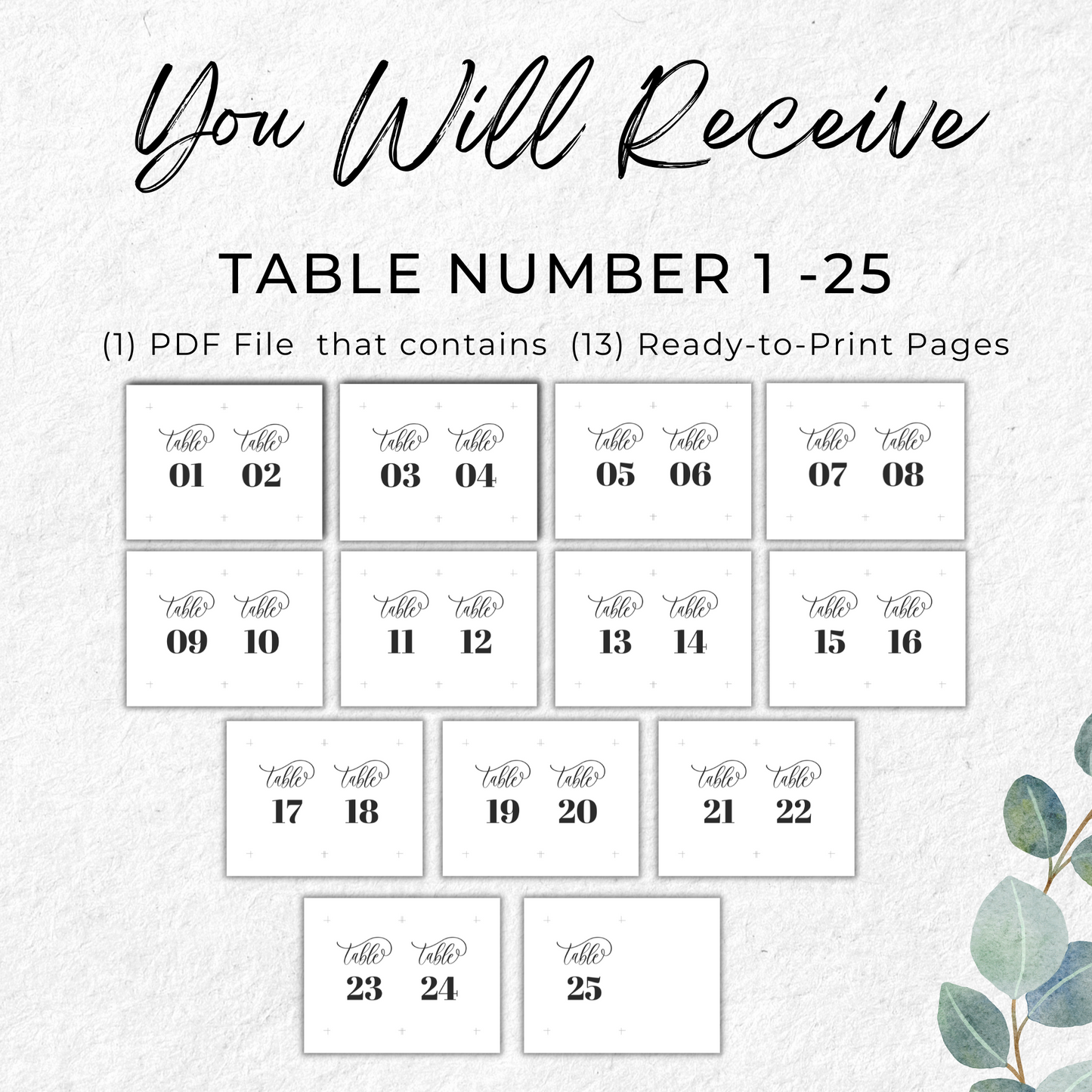 Wedding Table Numbers Printable - Table 1-25