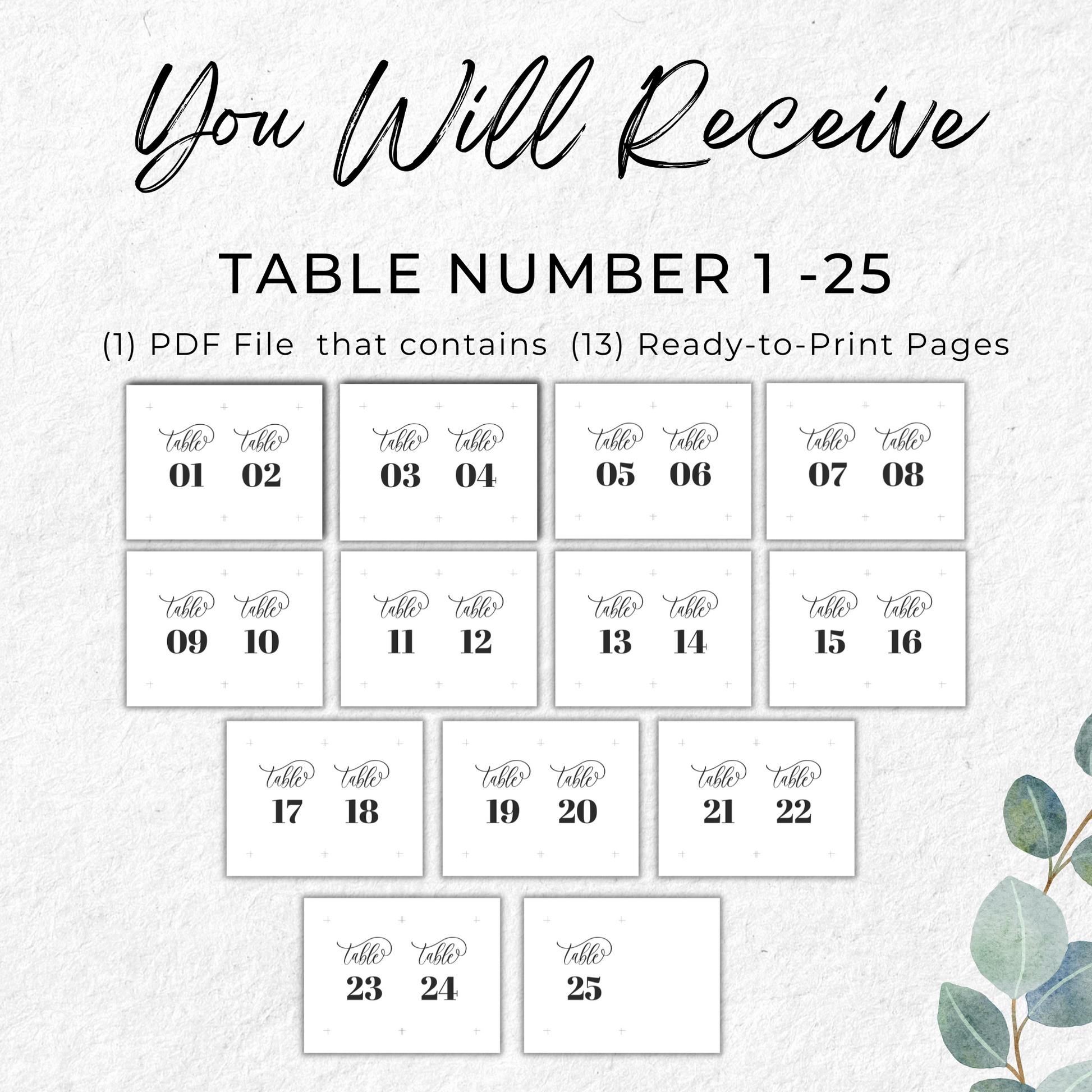 Wedding Table Numbers Printable - Table 1-25
