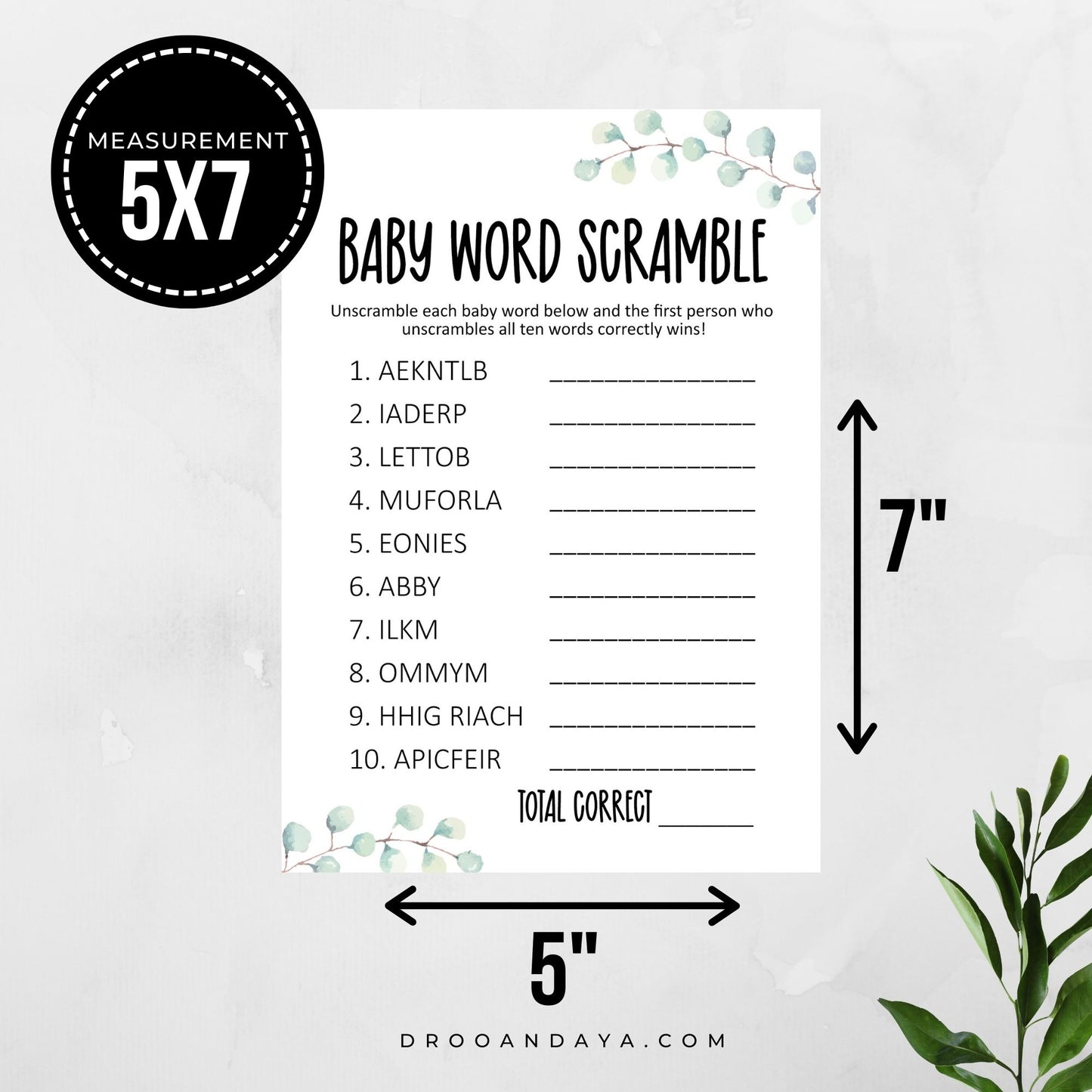 Baby Word Scramble Printable Game Eucalyptus Theme - Droo & Aya
