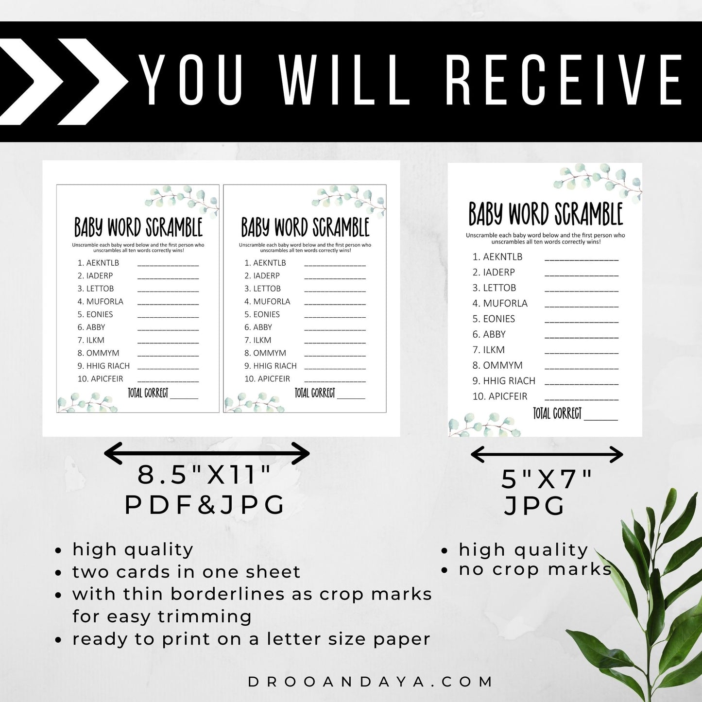 Baby Word Scramble Printable Game Eucalyptus Theme - Droo & Aya