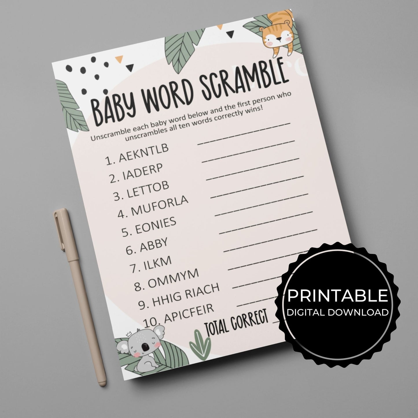 Scramble Baby Shower Game Printable - Animal Jungle - Droo & Aya