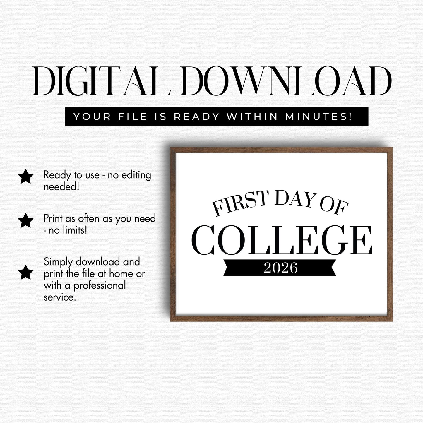 Digital download for 'First Day of College 2026' sign with text on a white background