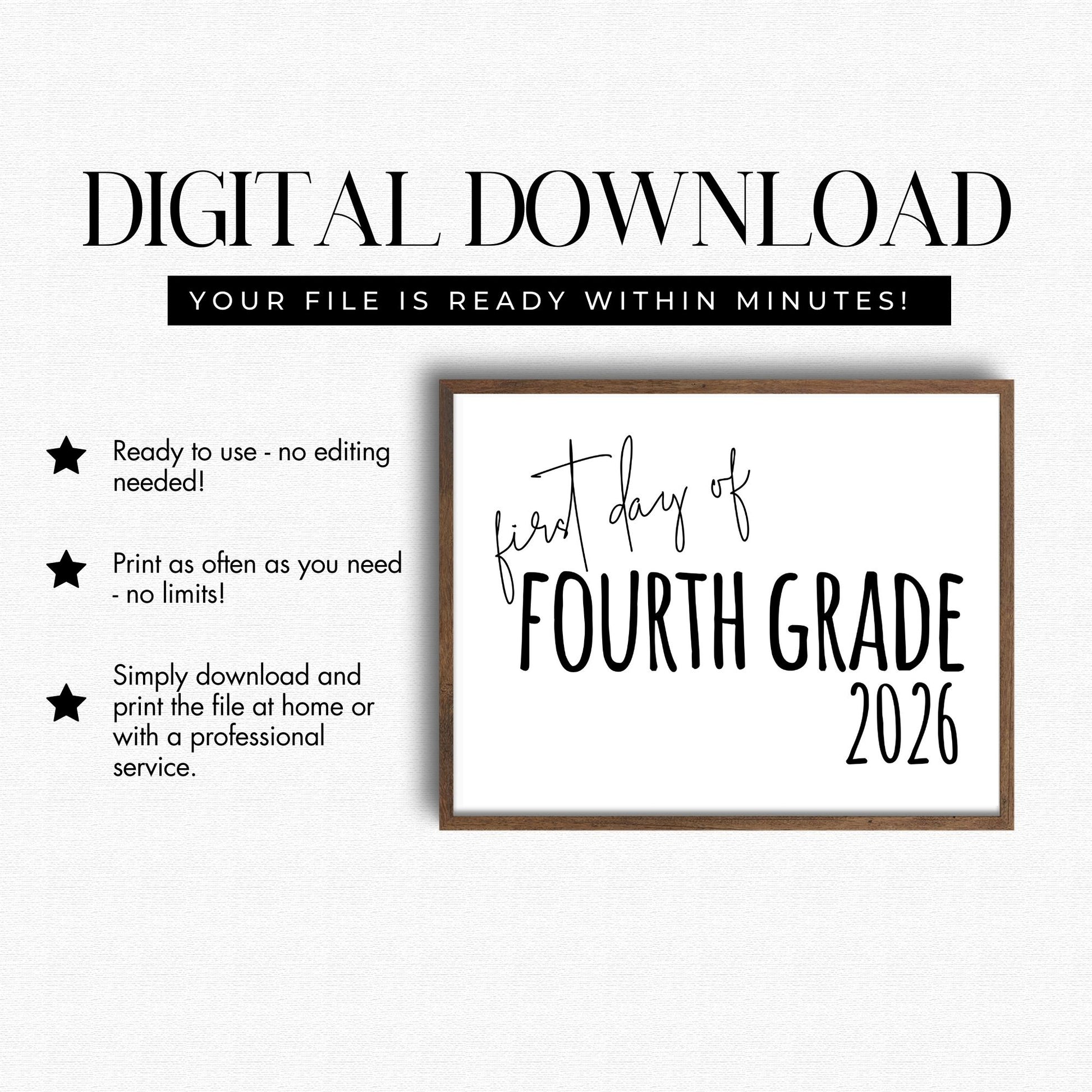 Digital download for 'First Day of Fourth Grade 2026' with text on a white background