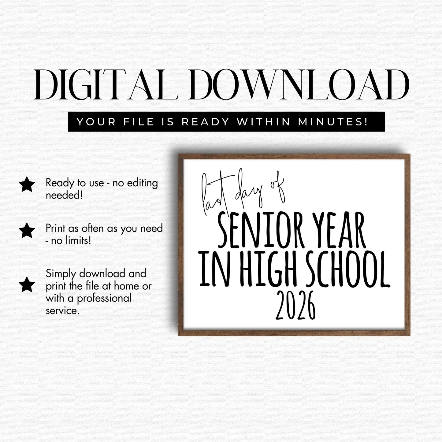 Digital download advertisement for a high school senior year milestone print with text on a white background.