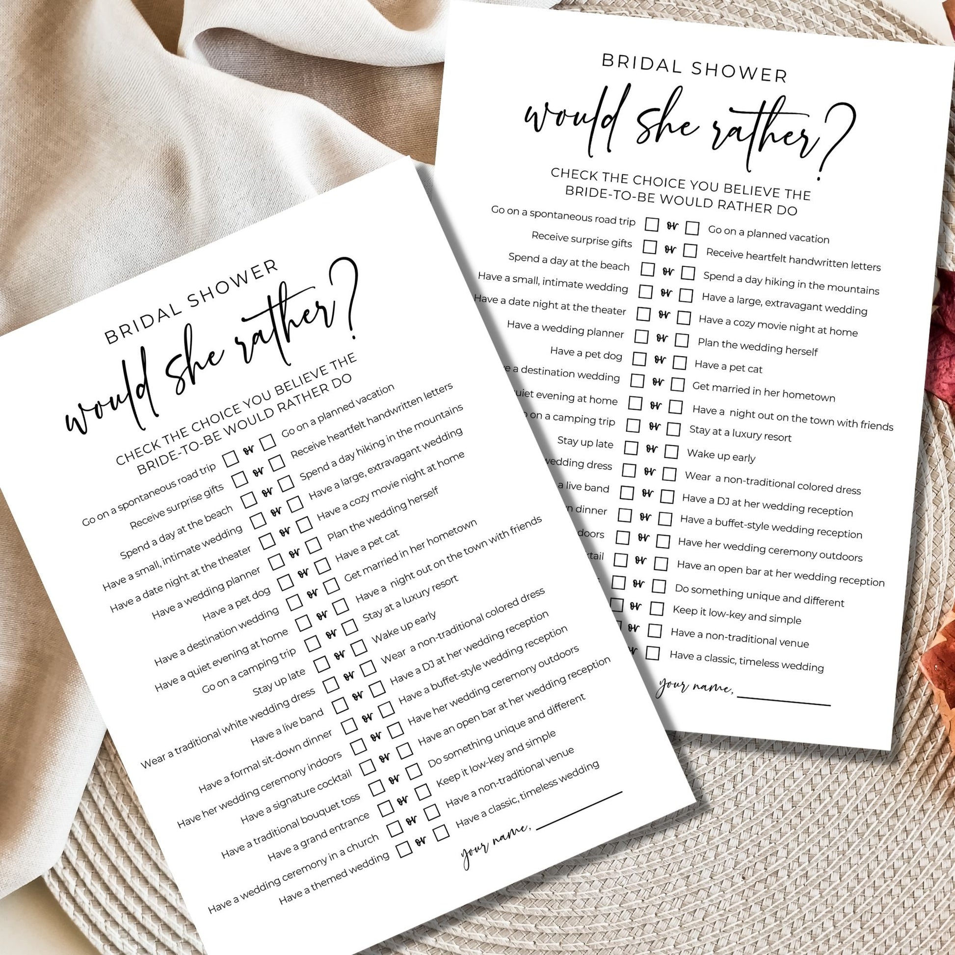 Would She Rather Bridal Shower Game - Printable PDF