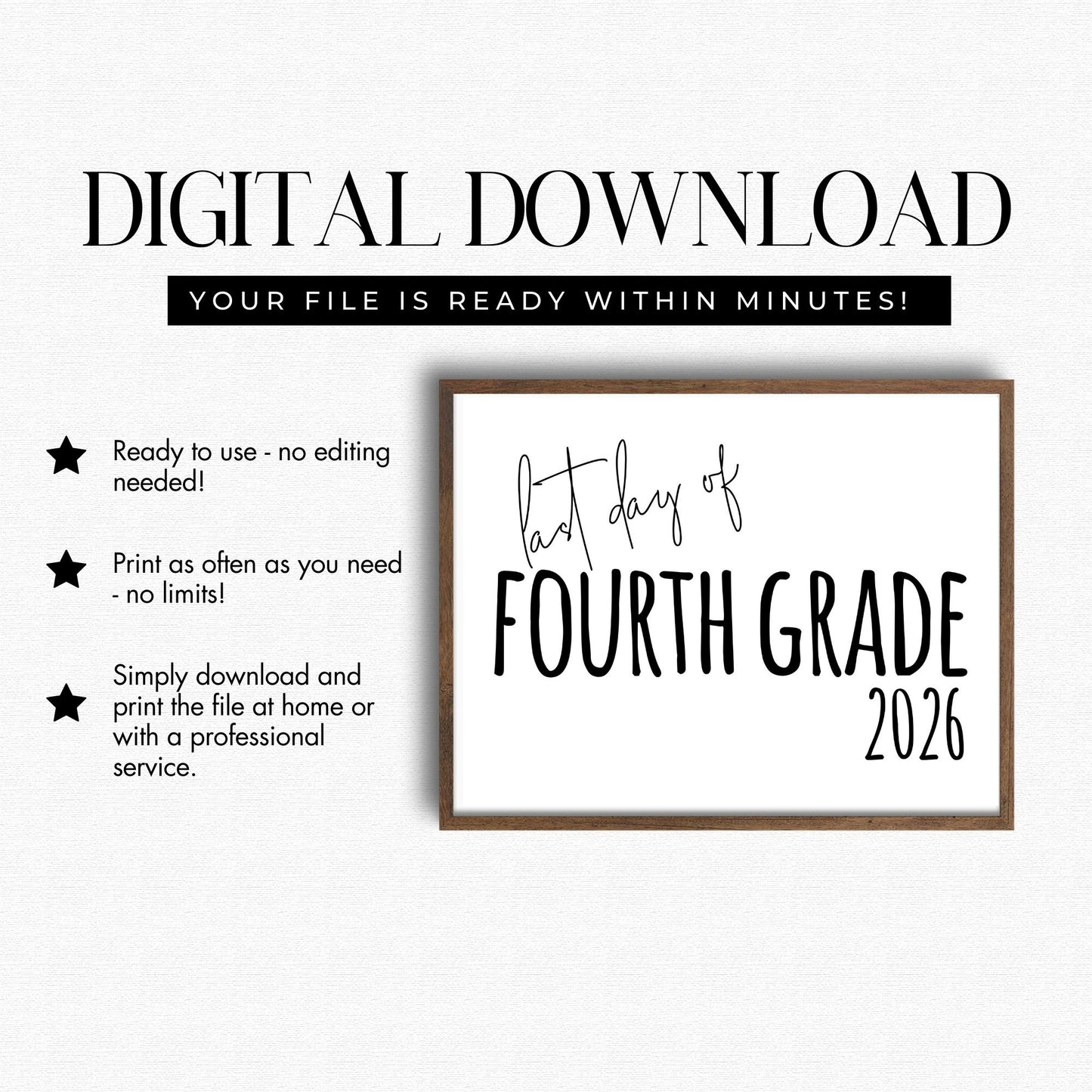 Digital download for 'Last day of Fourth Grade 2026' with a frame on a white background.