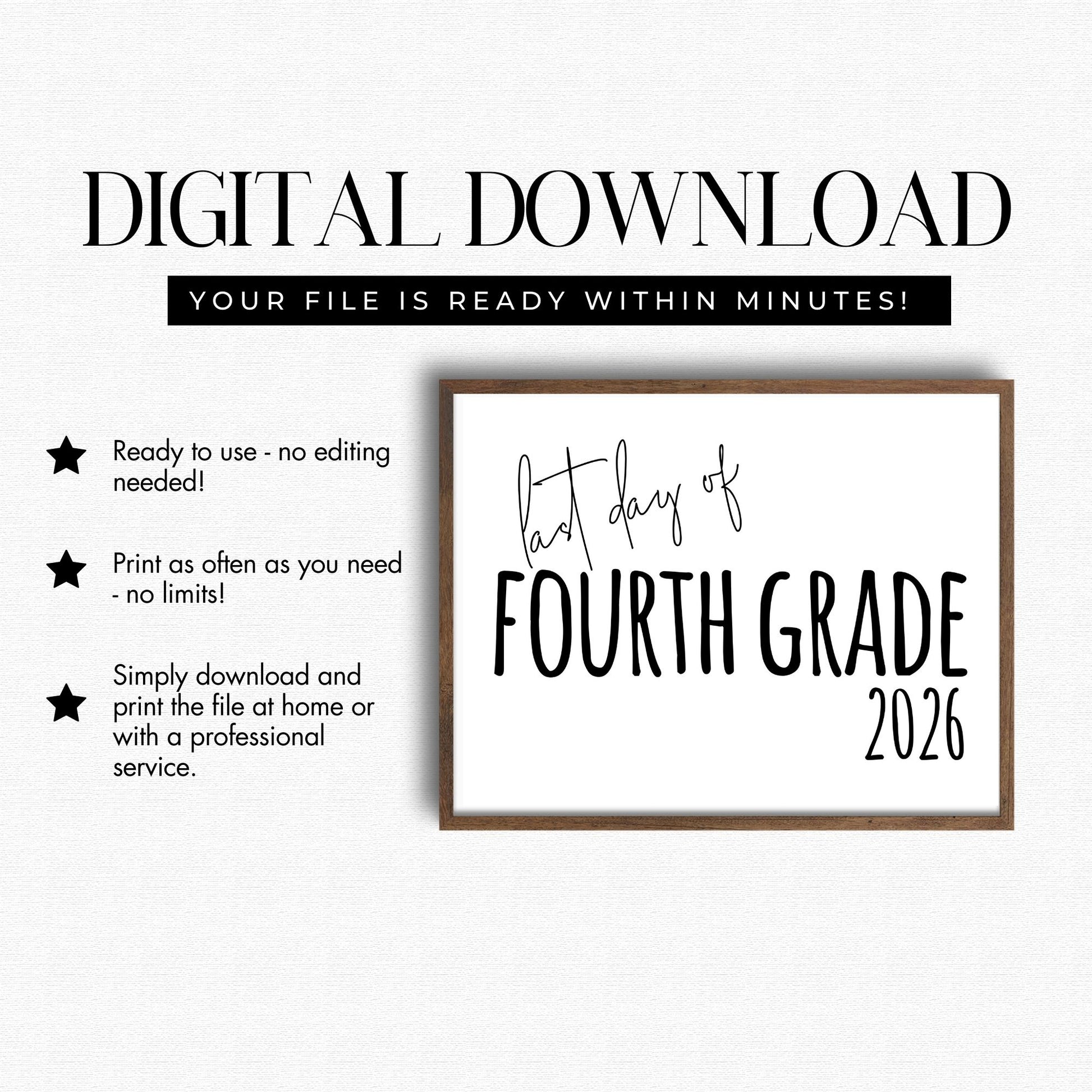 Digital download for 'Last day of Fourth Grade 2026' with a frame on a white background.
