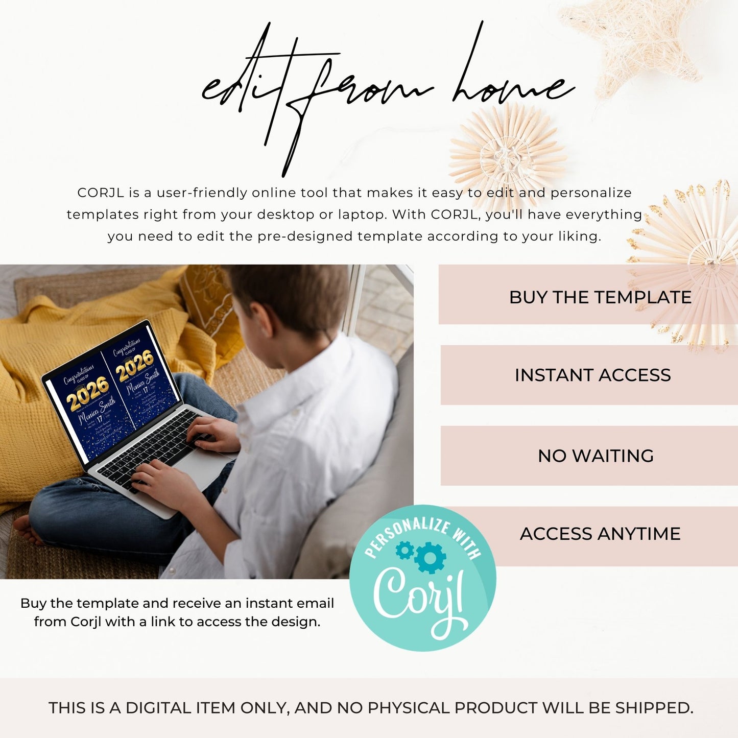 Person using a laptop with text about CORJL online tool for template editing.
