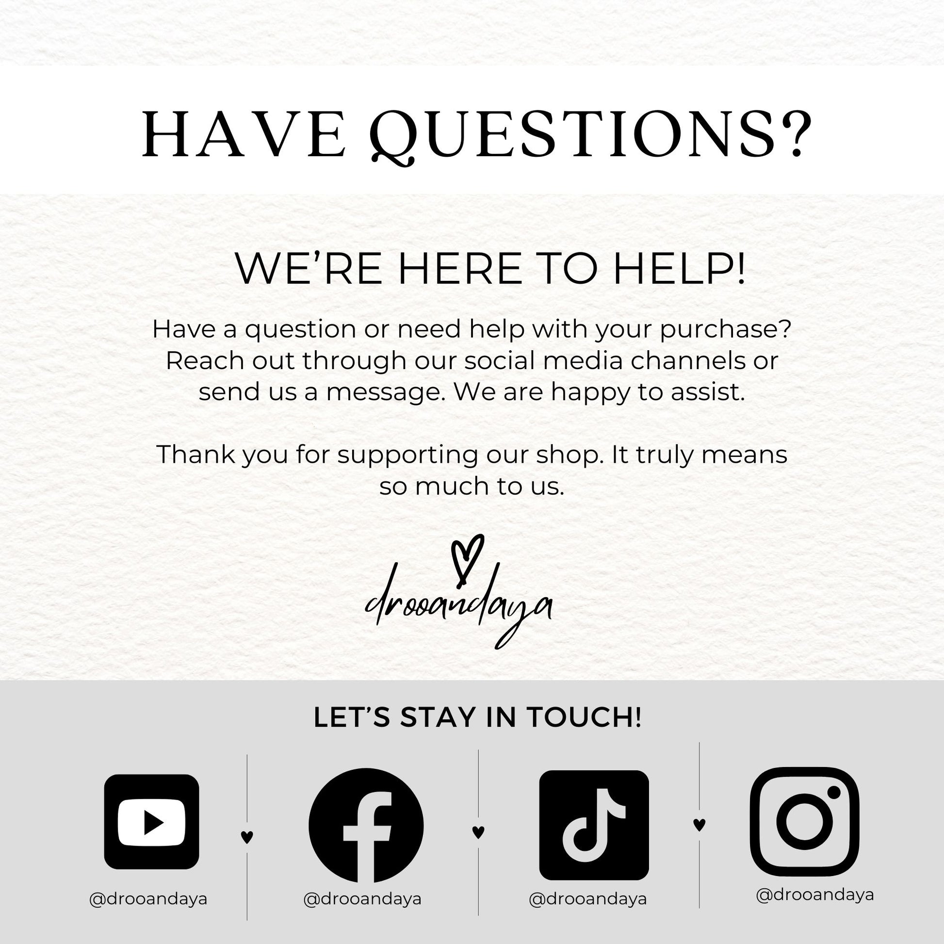 Customer service message with contact information for a brand on a white background