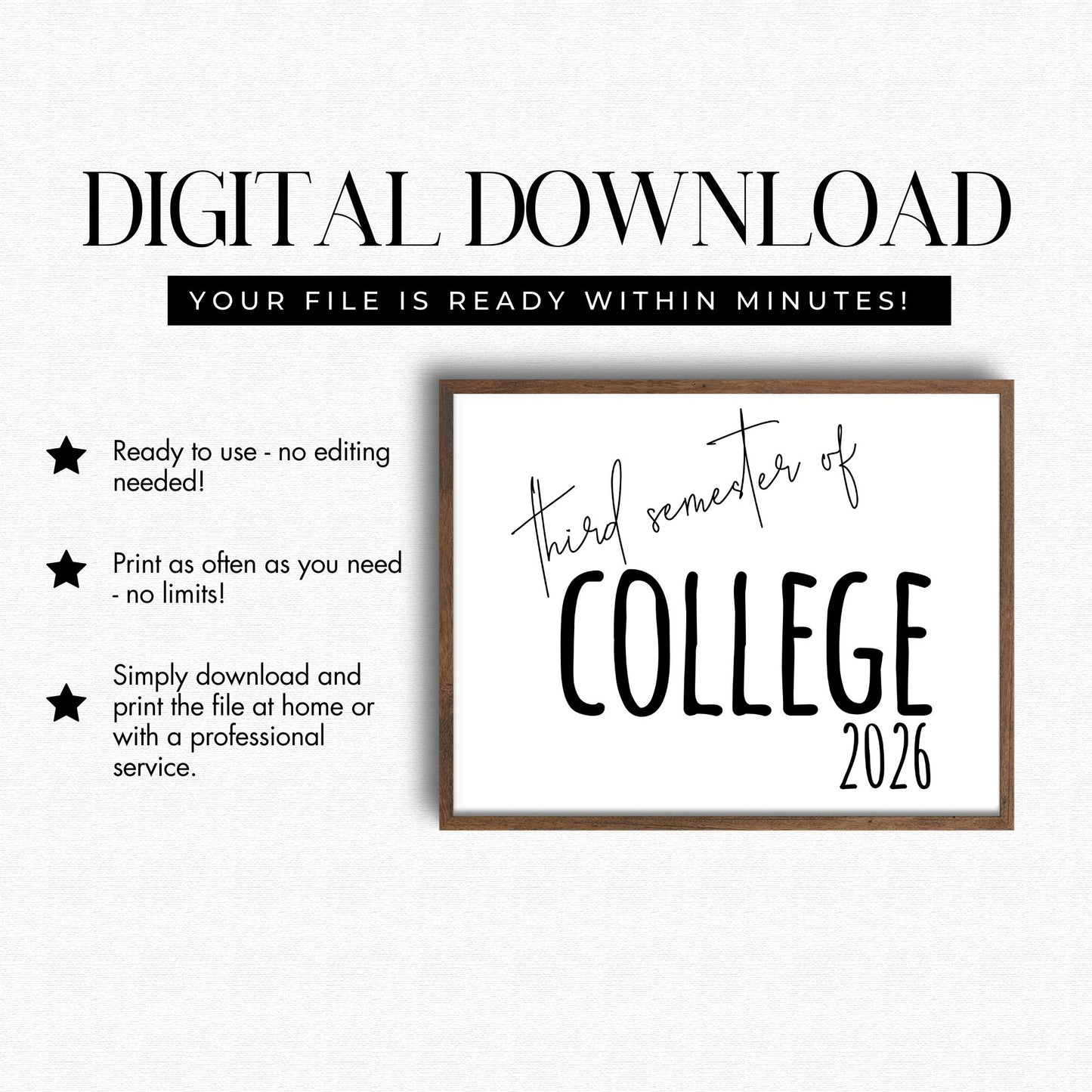 Digital download advertisement for a framed print with 'third semester of college 2026' text.