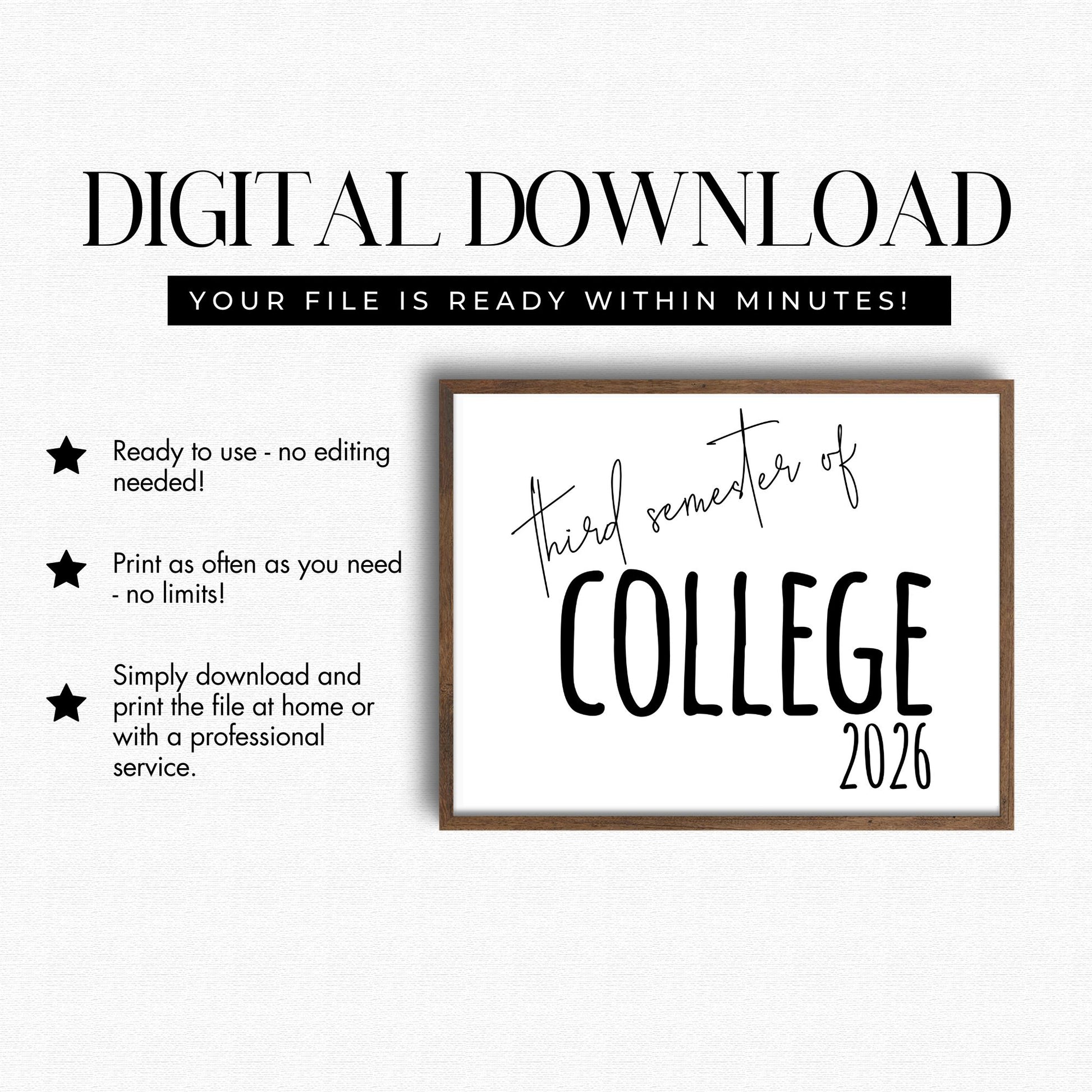 Digital download advertisement for a framed print with 'third semester of college 2026' text.