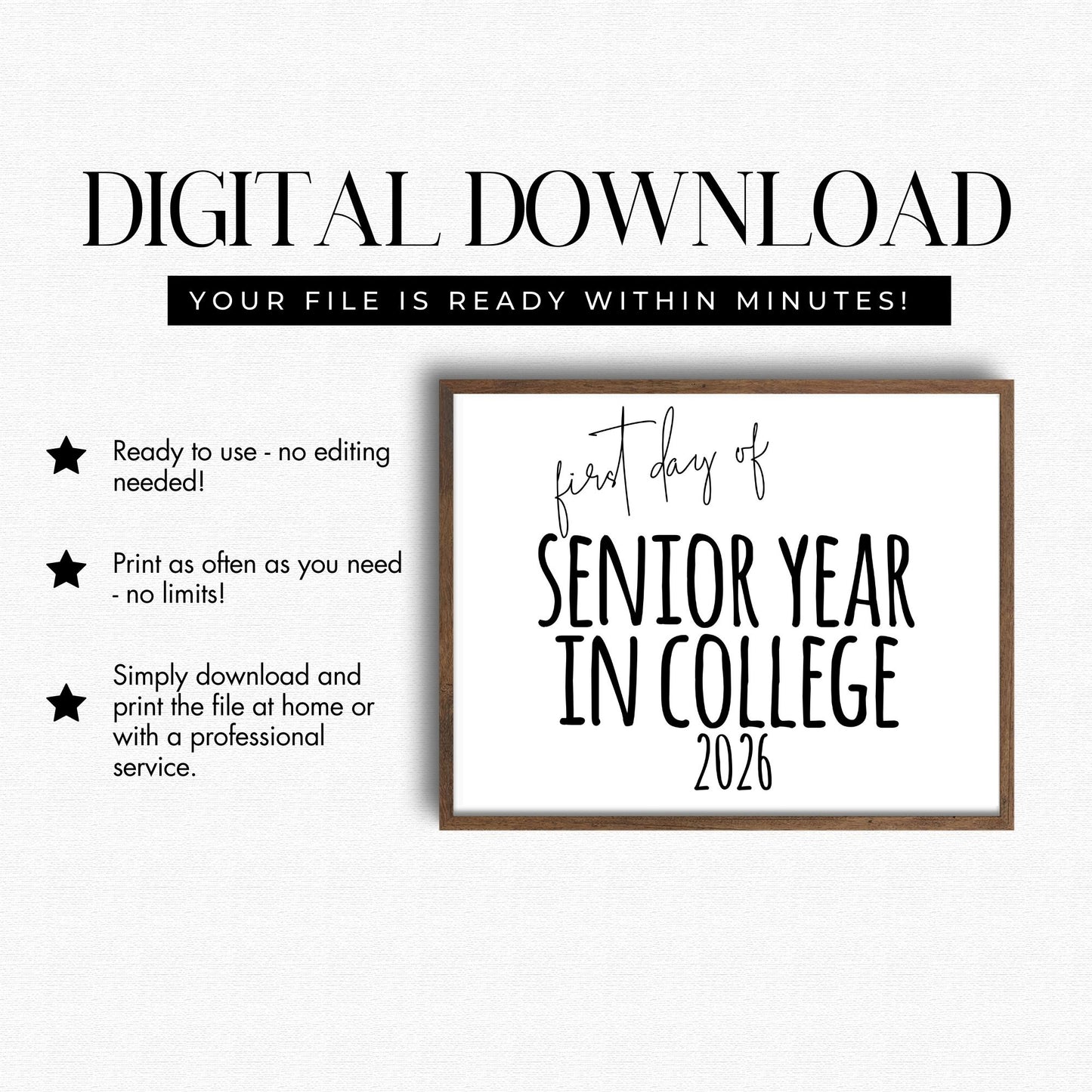 Digital download for 'First day of Senior Year in College 2026' print with frame on a white background.