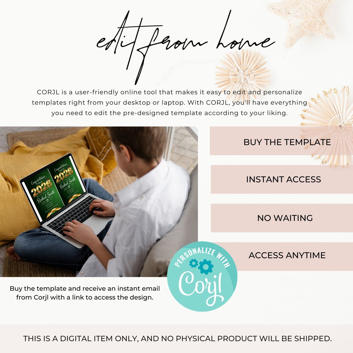 Person using a laptop with text about CORJL online editing tool