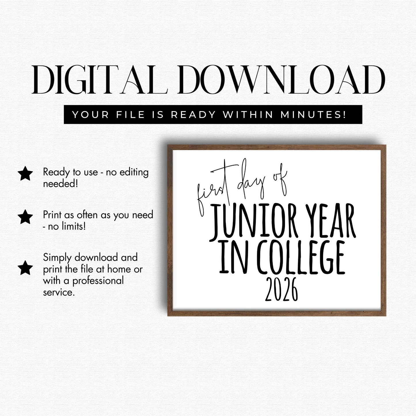Digital download for a 'first day of junior year in college 2026' print with text on a white background.