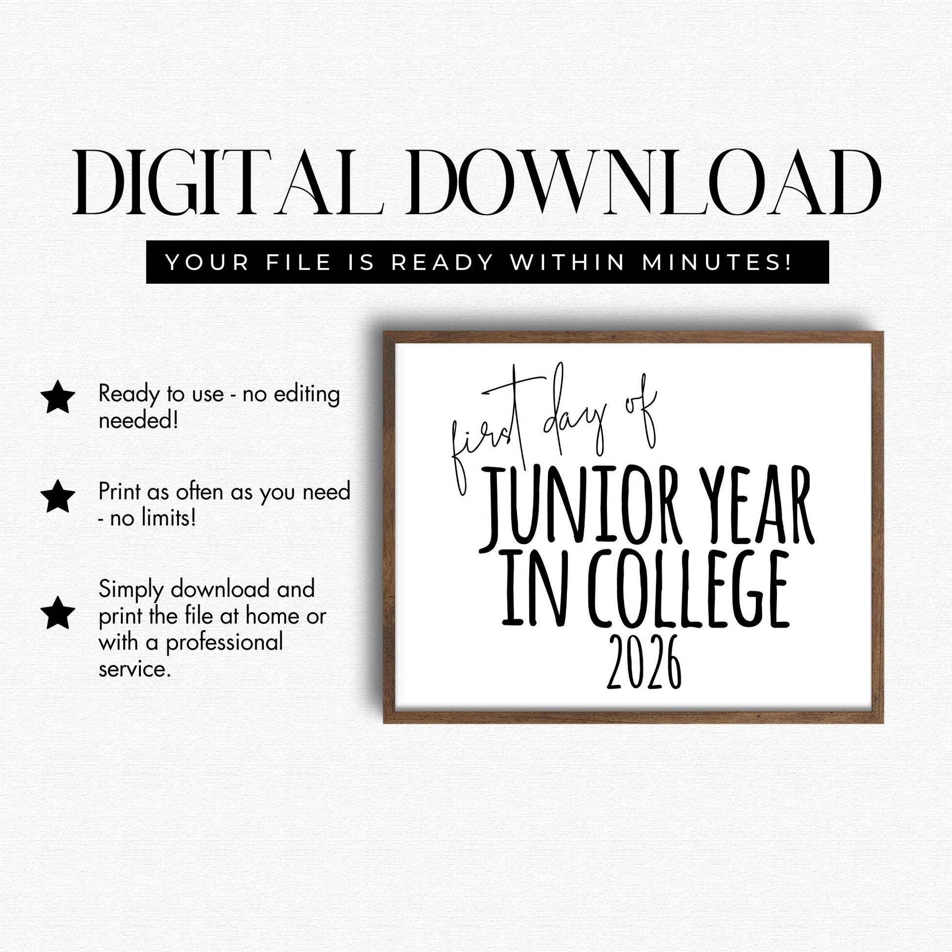 Digital download for a 'first day of junior year in college 2026' print with text on a white background.