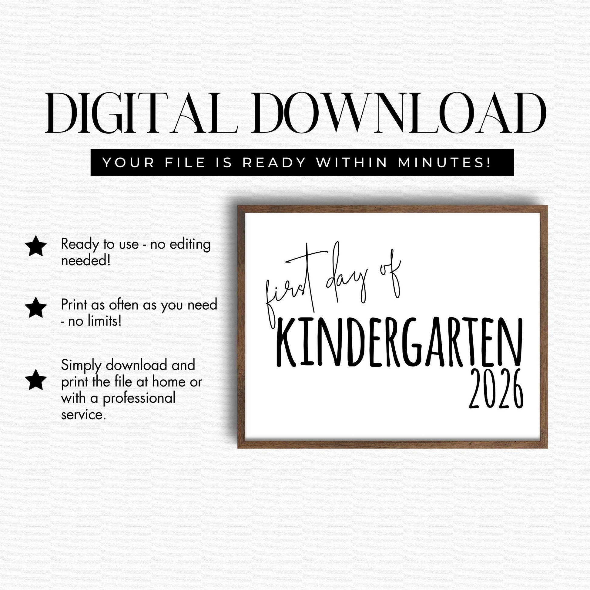 Digital download for 'first day of Kindergarten 2026' sign with frame on a white background