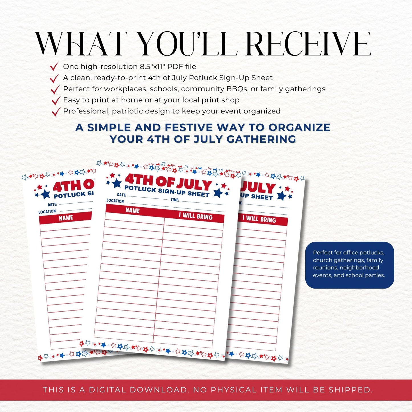 4th of July Potluck Sign-Up Sheet with patriotic design on a white background