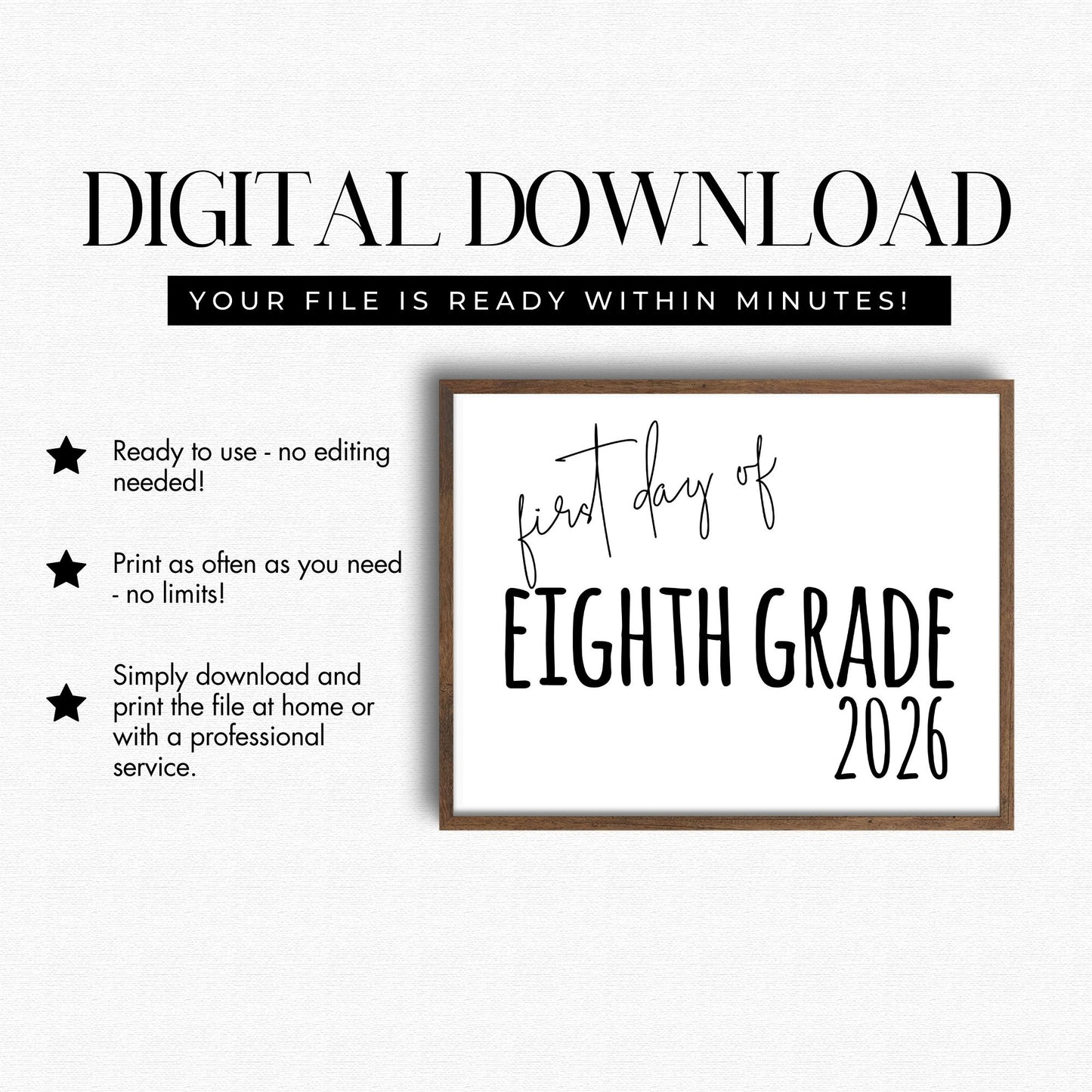First Day of Eighth Grade 2026 Printable Sign | Minimal Back to School Photo Prop