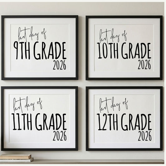 Four framed signs indicating the 'First Day of' for different grades in 2026.